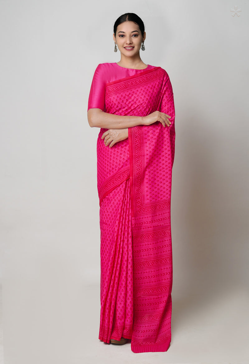 Pink Pure  Block Printed Superfine Mulmul Cotton Saree-UNM73848