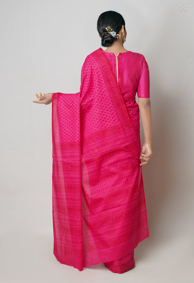 Pink Pure  Block Printed Superfine Mulmul Cotton Saree-UNM73848