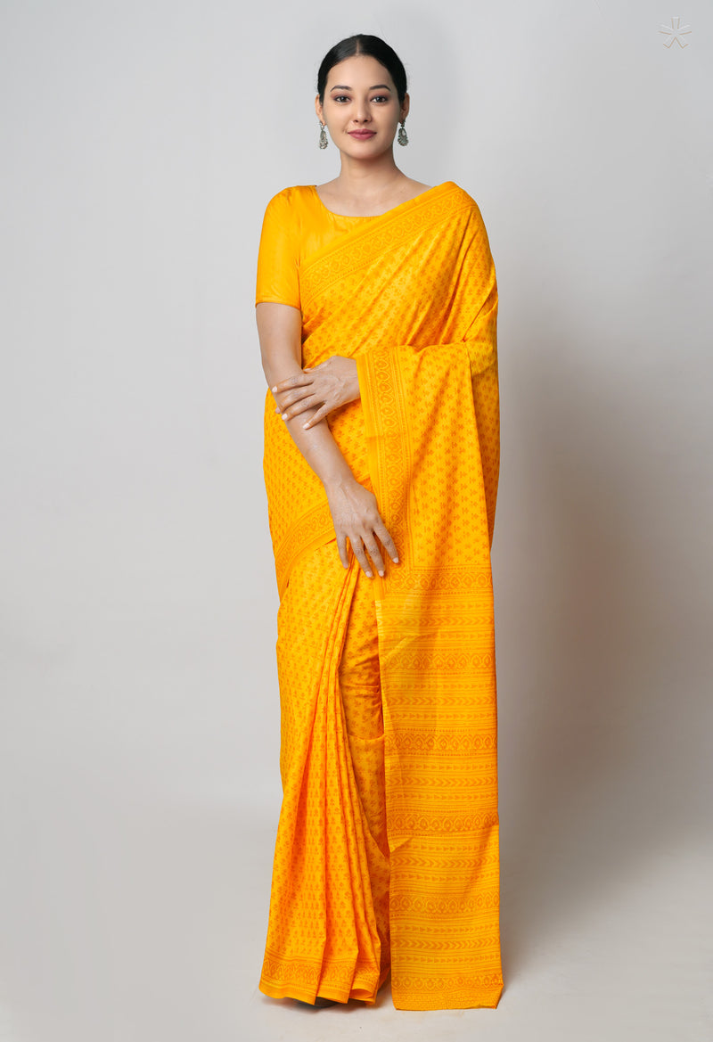 Yellow Pure  Block Printed Superfine Mulmul Cotton Saree-UNM73850