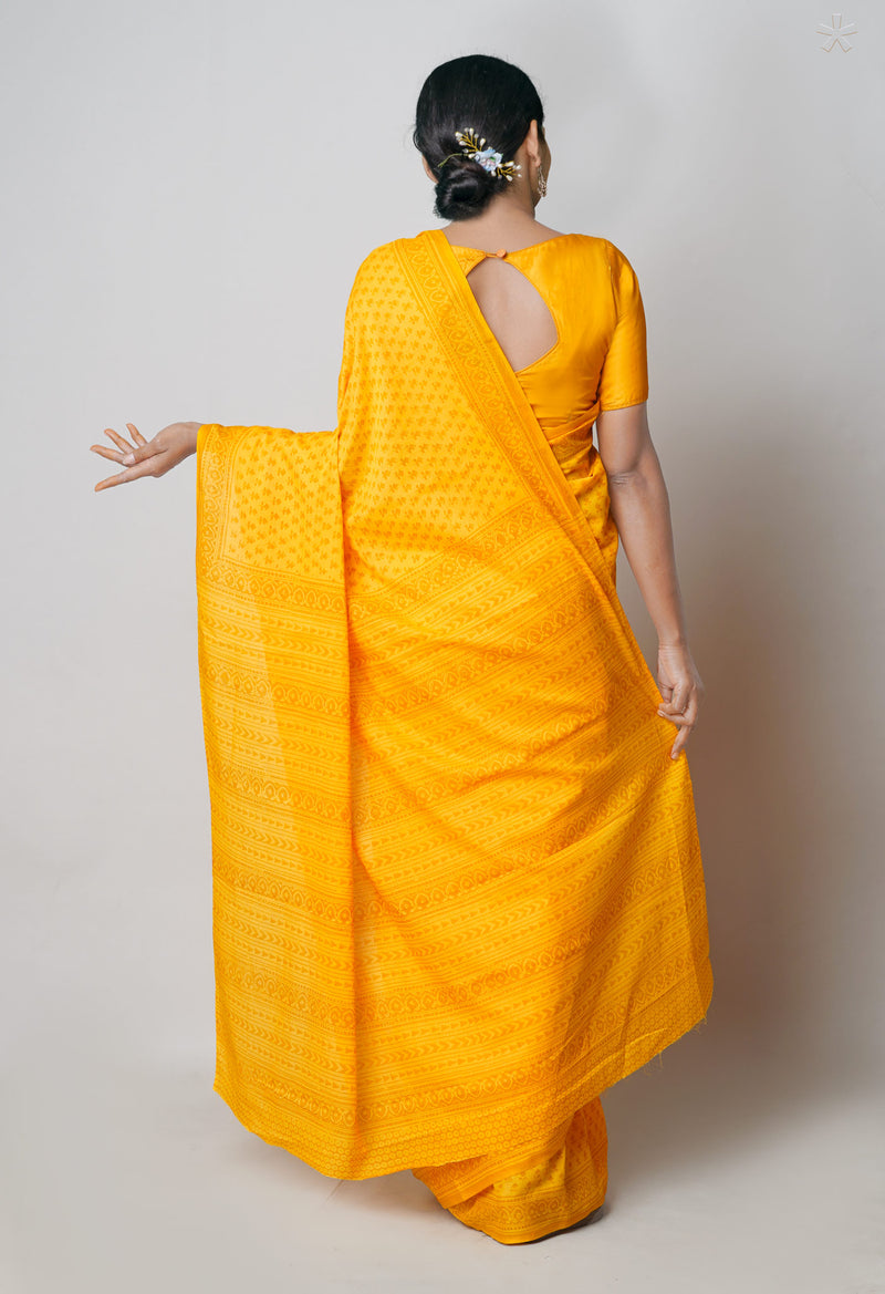 Yellow Pure  Block Printed Superfine Mulmul Cotton Saree-UNM73850