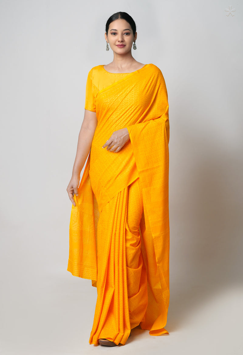 Yellow Pure  Block Printed Superfine Mulmul Cotton Saree-UNM73853