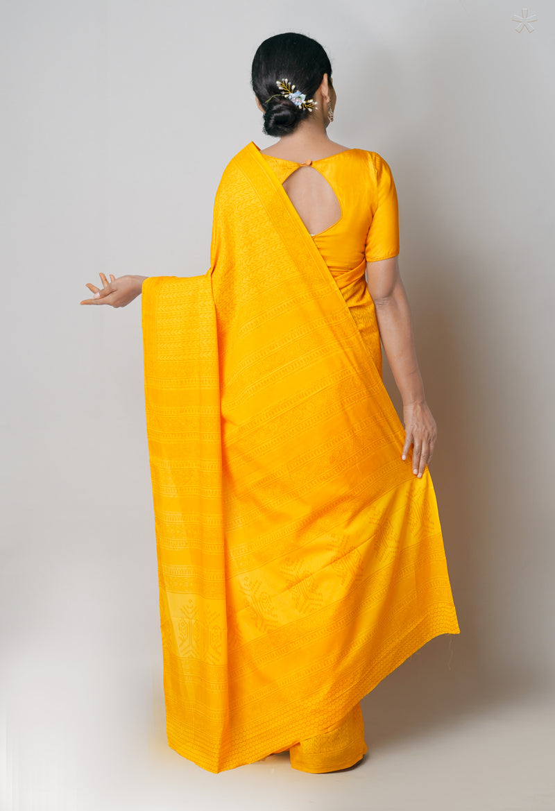 Yellow Pure  Block Printed Superfine Mulmul Cotton Saree-UNM73853