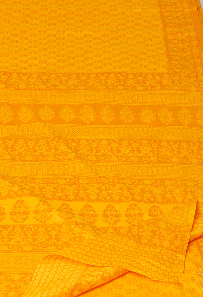 Yellow Pure  Block Printed Superfine Mulmul Cotton Saree-UNM73856