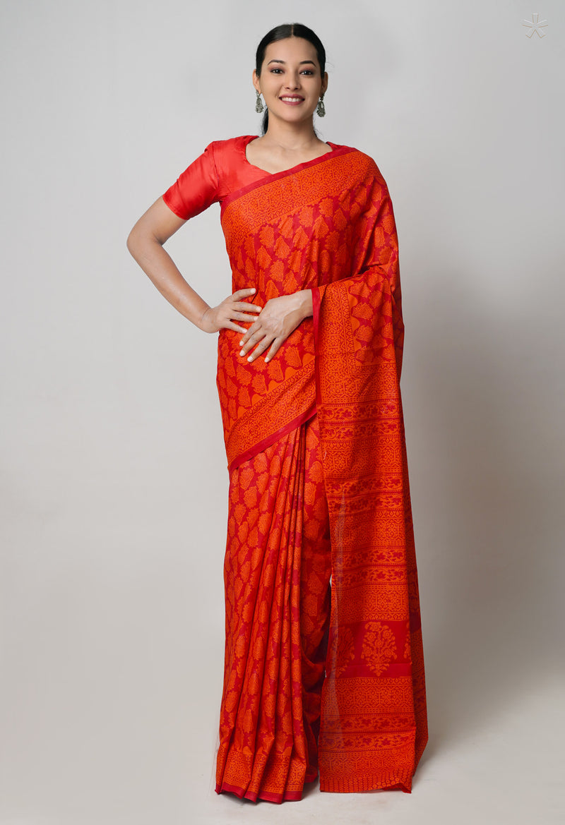 Red Pure  Block Printed Superfine Mulmul Cotton Saree-UNM73860
