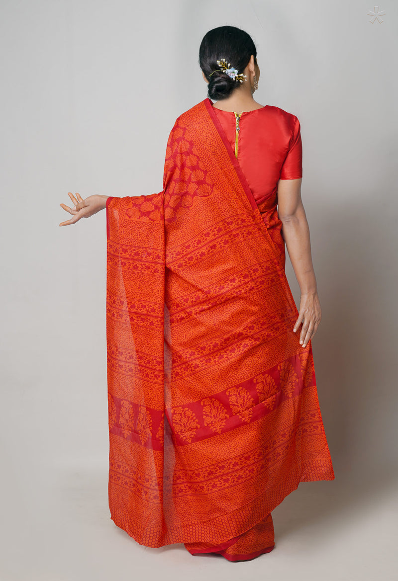 Red Pure  Block Printed Superfine Mulmul Cotton Saree-UNM73860
