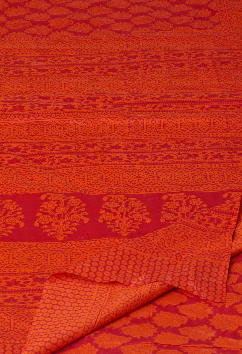 Red Pure  Block Printed Superfine Mulmul Cotton Saree-UNM73860