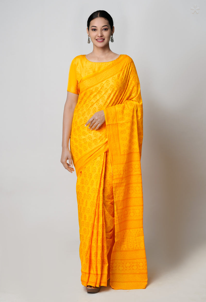 Yellow Pure  Block Printed Superfine Mulmul Cotton Saree-UNM73865