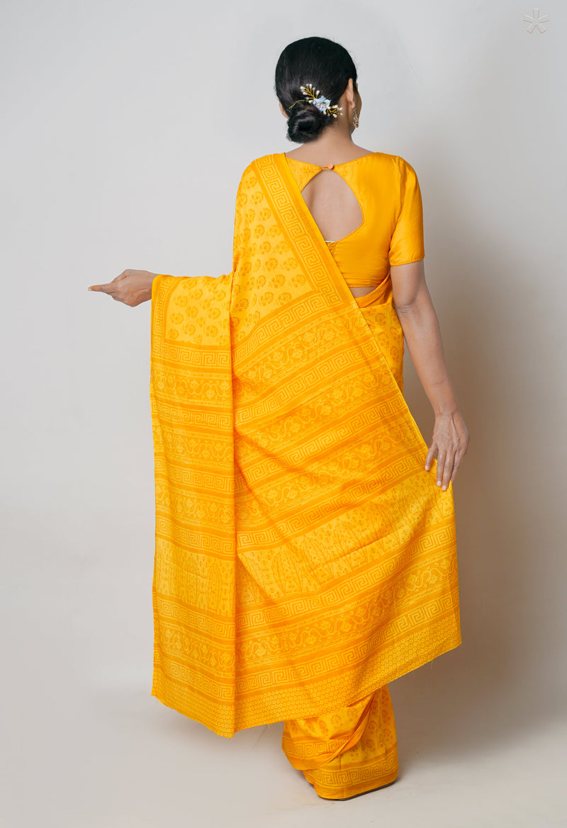 Yellow Pure  Block Printed Superfine Mulmul Cotton Saree-UNM73865