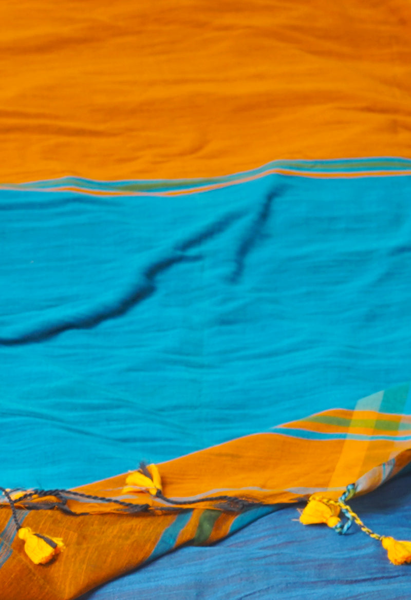 Orange-Blue Pure  Plain Contrast Pallu Cotton Linen Saree-UNM73868