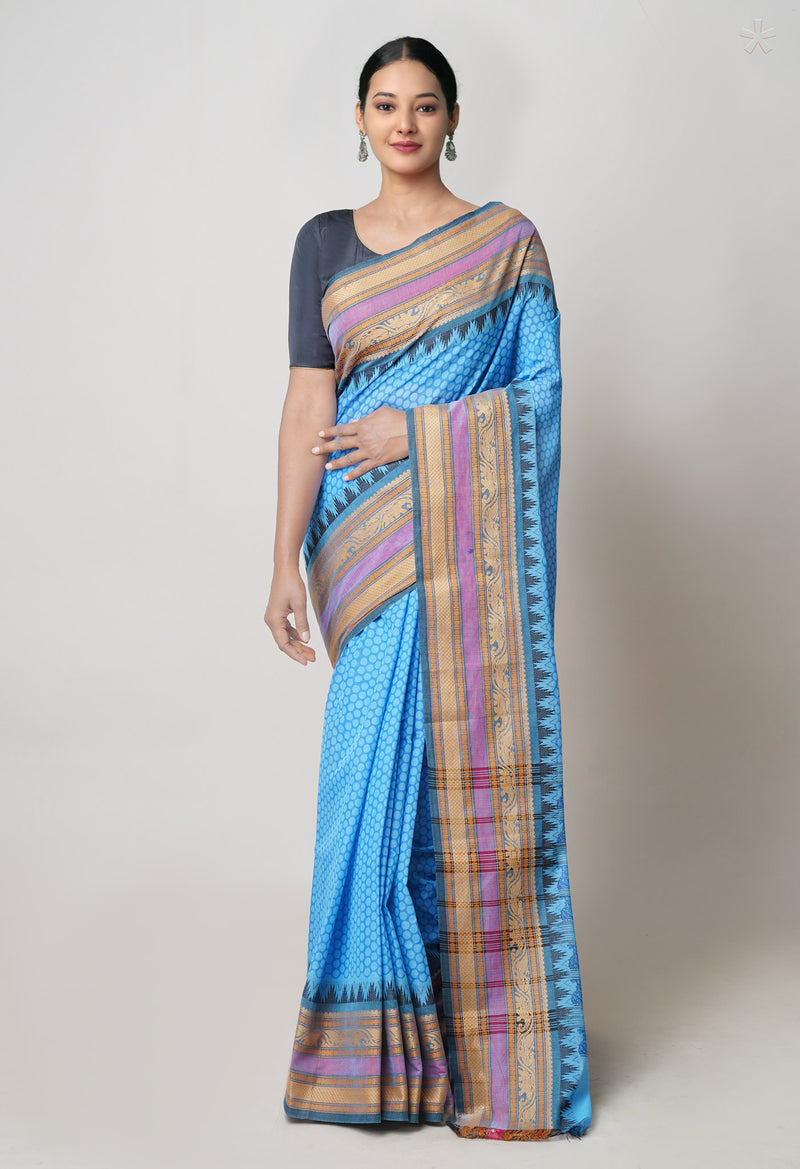 Blue Pure Handloom Pavani Dyed Printed Chettinad Cotton Saree-UNM73875