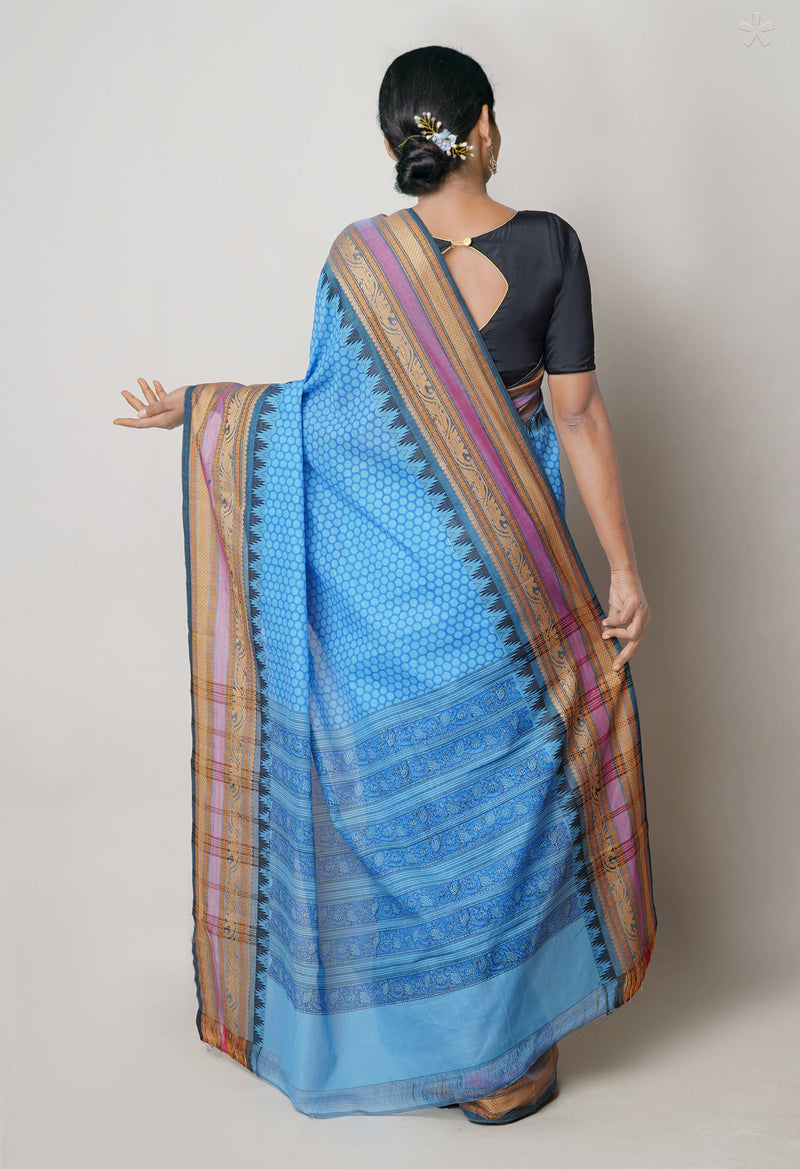 Blue Pure Handloom Pavani Dyed Printed Chettinad Cotton Saree-UNM73875