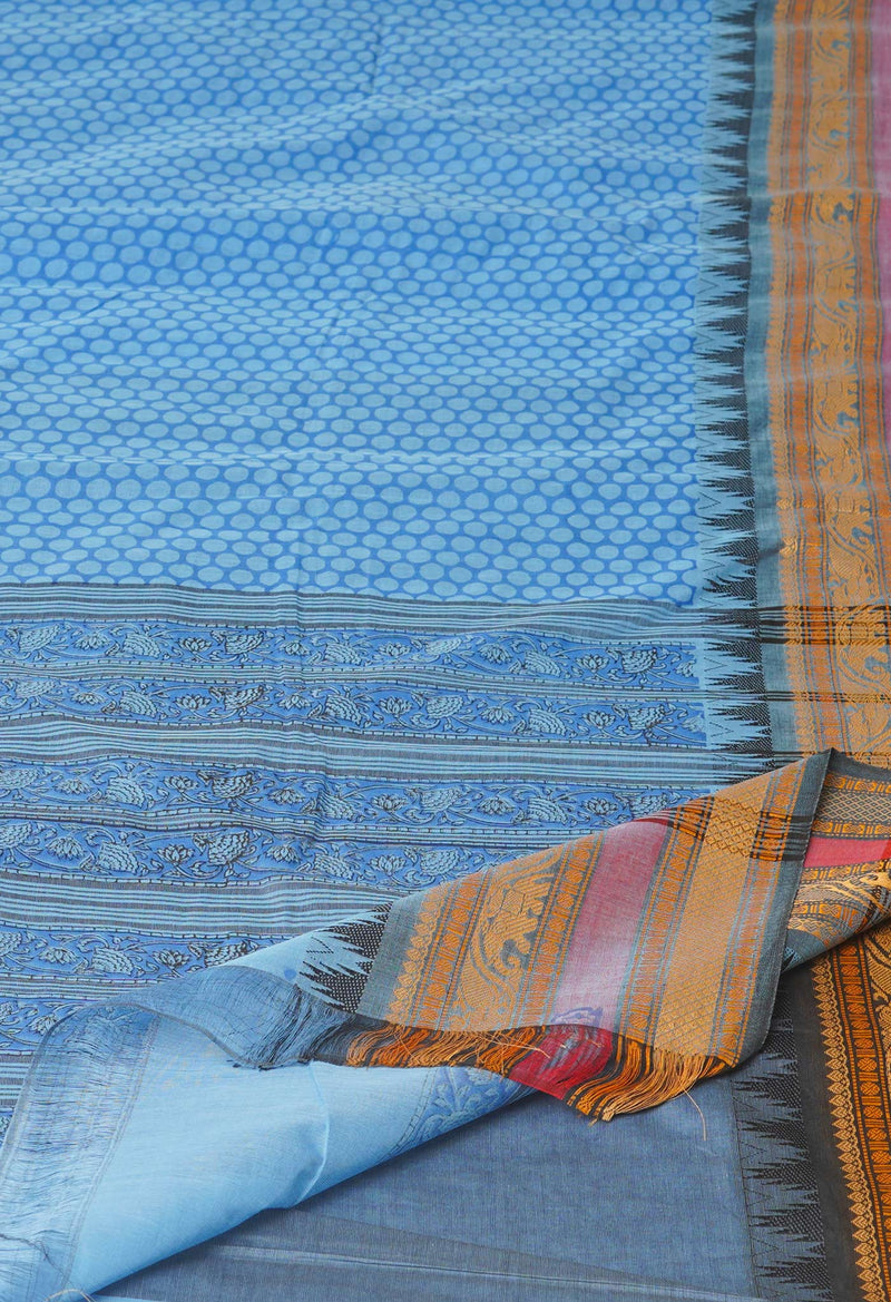 Blue Pure Handloom Pavani Dyed Printed Chettinad Cotton Saree-UNM73875