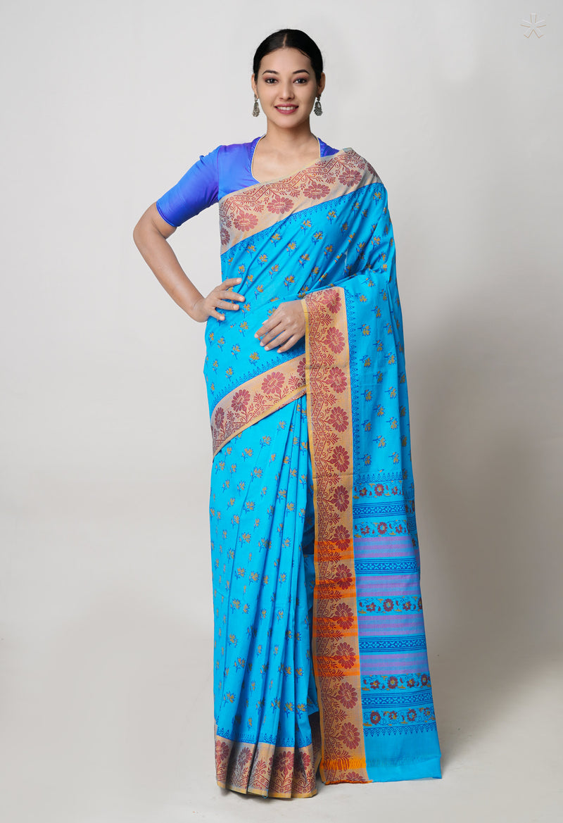 Blue Pure Handloom Pavani Dyed Printed Chettinad Cotton Saree-UNM73876