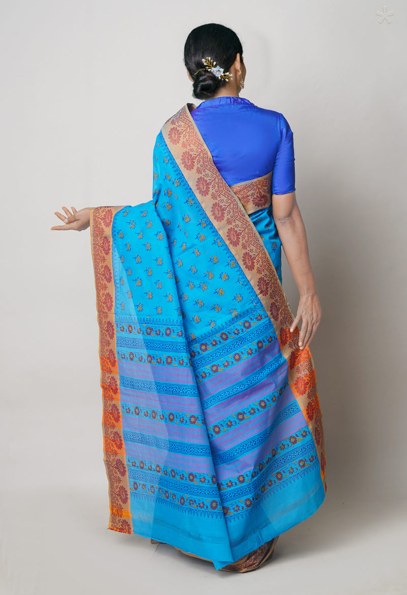 Blue Pure Handloom Pavani Dyed Printed Chettinad Cotton Saree-UNM73876