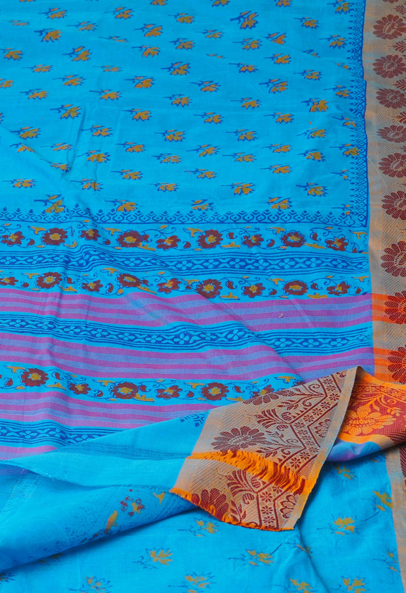 Blue Pure Handloom Pavani Dyed Printed Chettinad Cotton Saree-UNM73876