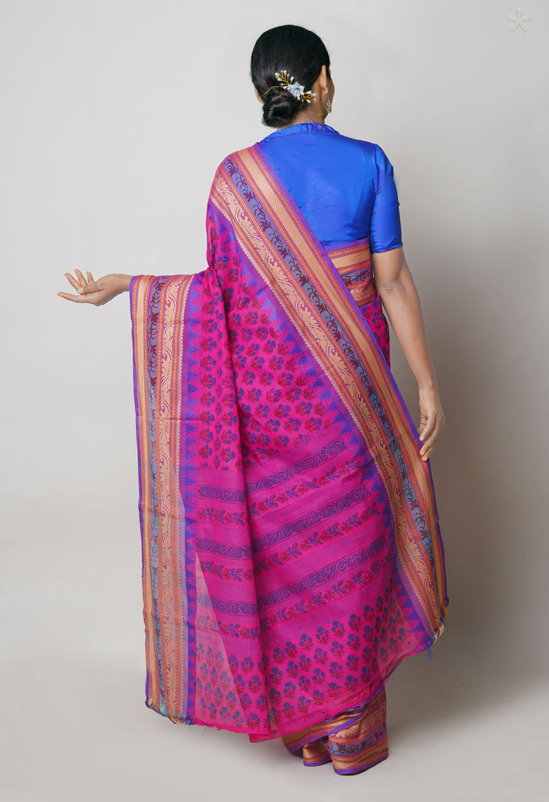 Pink Pure Handloom Pavani Dyed Printed Chettinad Cotton Saree-UNM73877