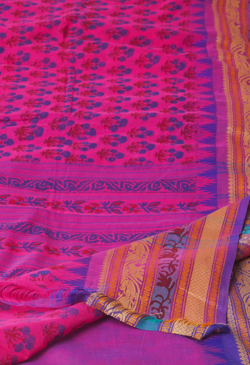 Pink Pure Handloom Pavani Dyed Printed Chettinad Cotton Saree-UNM73877