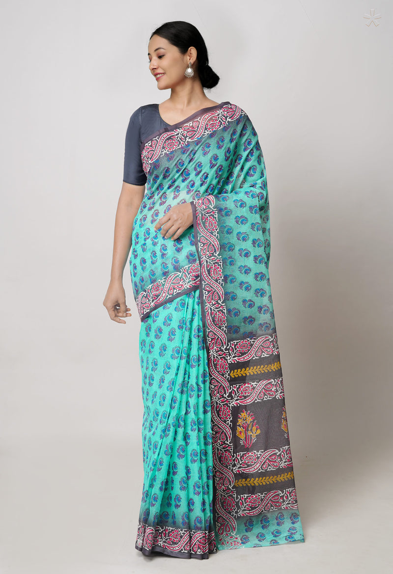 Sea Green Pure  Block Printed Kota Cotton Saree With Kalamkari Printed Blouse Piece-UNM73879