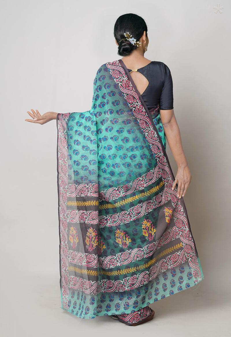 Sea Green Pure  Block Printed Kota Cotton Saree With Kalamkari Printed Blouse Piece-UNM73879
