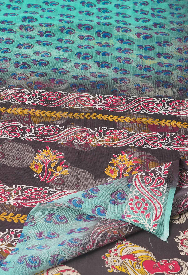 Sea Green Pure  Block Printed Kota Cotton Saree With Kalamkari Printed Blouse Piece-UNM73879