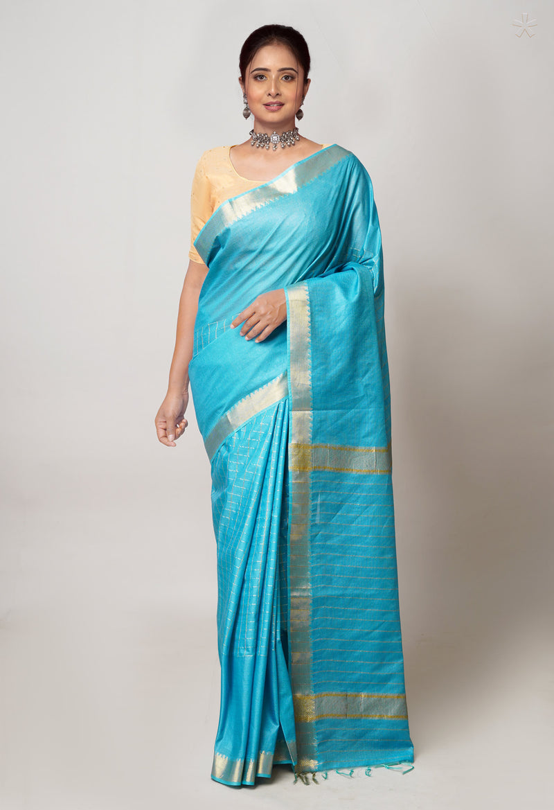 Blue  Mangalagiri Checks Sico Saree-UNM73909