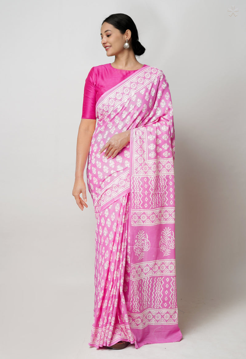 Baby Pink Pure  Hand Block Printed Discharge Superfine Mulmul Cotton Saree-UNM73924