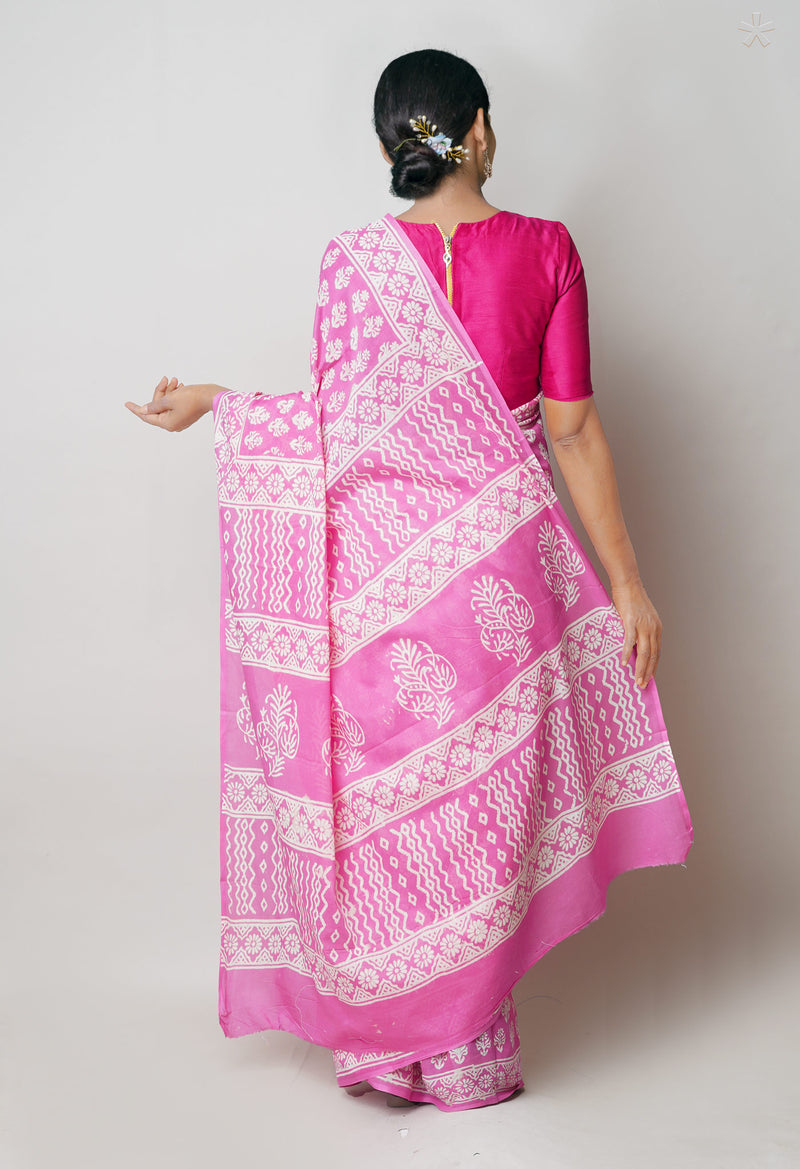 Baby Pink Pure  Hand Block Printed Discharge Superfine Mulmul Cotton Saree-UNM73924