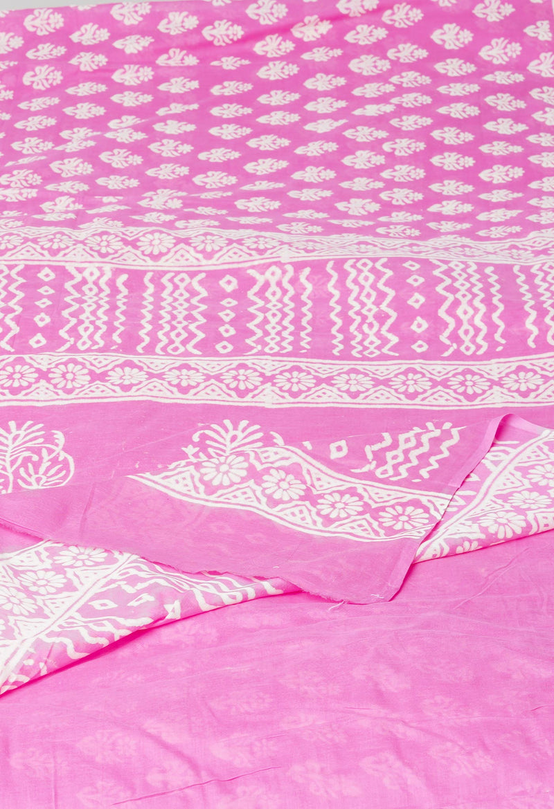Baby Pink Pure  Hand Block Printed Discharge Superfine Mulmul Cotton Saree-UNM73924