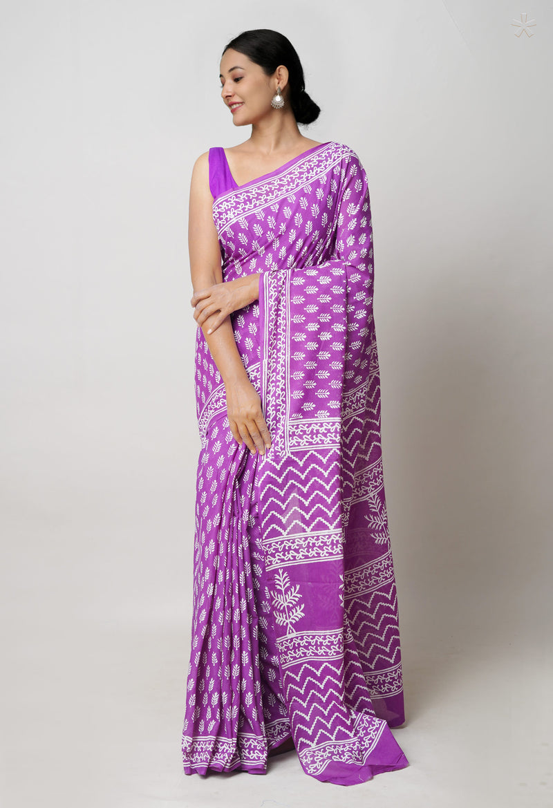 Purple Pure  Hand Block Printed Discharge Superfine Mulmul Cotton Saree-UNM73925