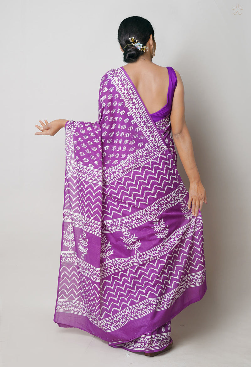 Purple Pure  Hand Block Printed Discharge Superfine Mulmul Cotton Saree-UNM73925
