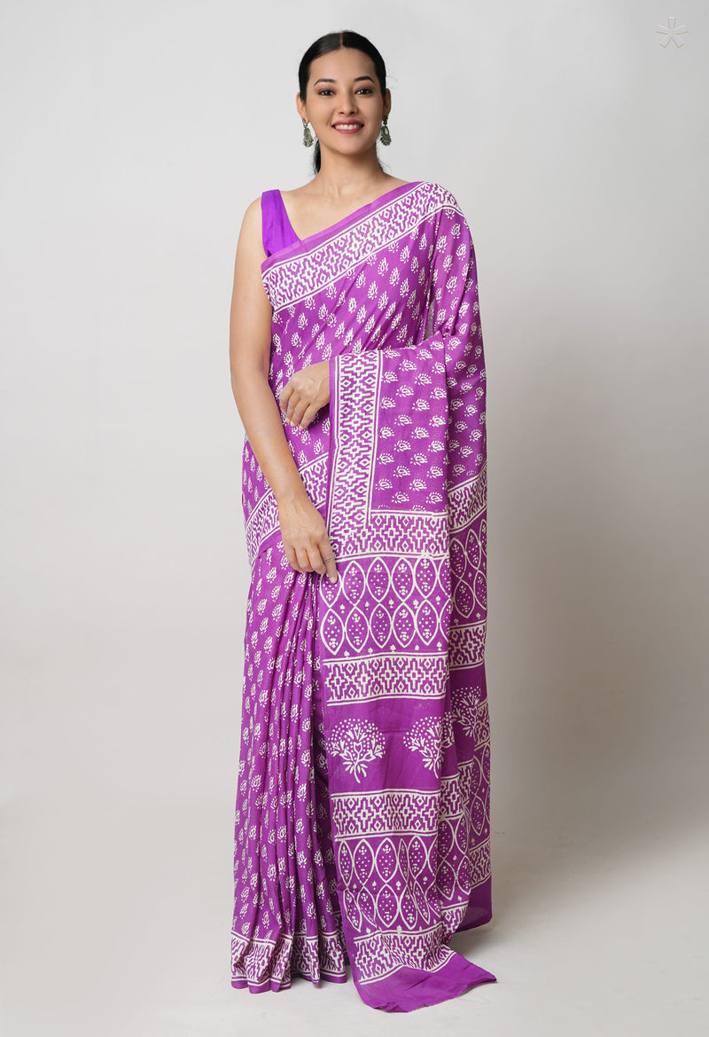 Purple Pure  Hand Block Printed Discharge Superfine Mulmul Cotton Saree-UNM73928