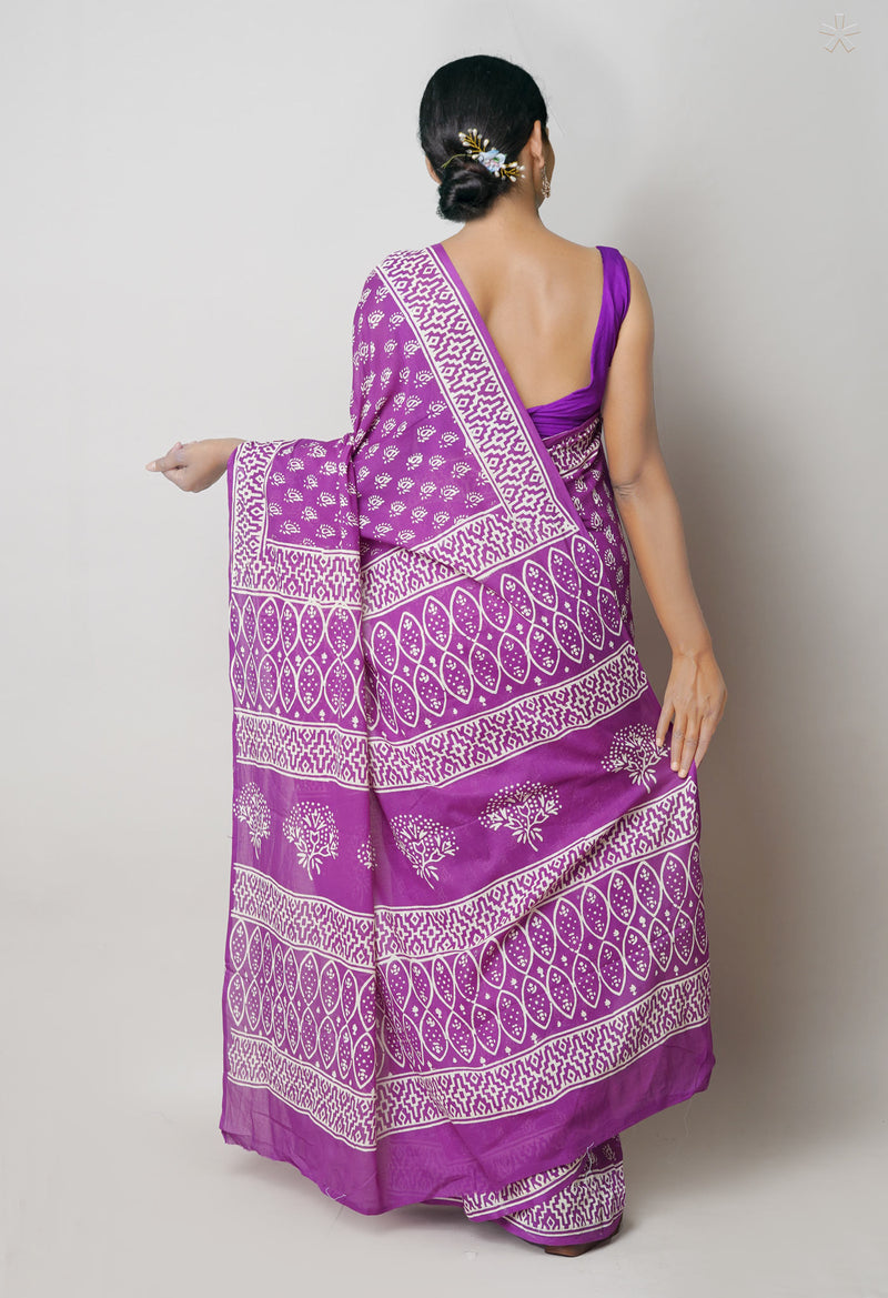 Purple Pure  Hand Block Printed Discharge Superfine Mulmul Cotton Saree-UNM73928