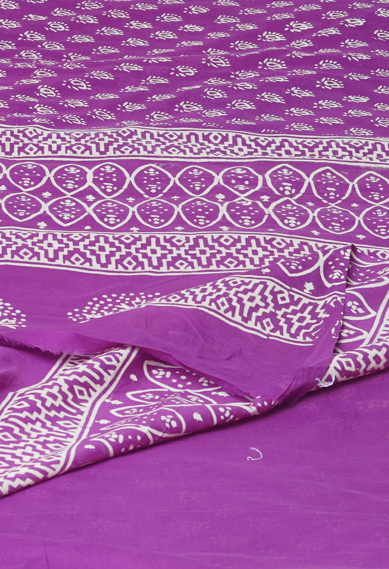 Purple Pure  Hand Block Printed Discharge Superfine Mulmul Cotton Saree-UNM73928