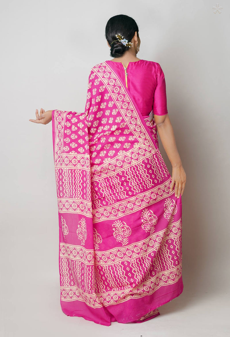 Pink Pure  Hand Block Printed Discharge Superfine Mulmul Cotton Saree-UNM73929