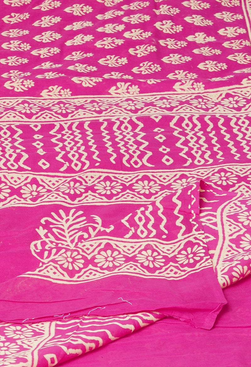 Pink Pure  Hand Block Printed Discharge Superfine Mulmul Cotton Saree-UNM73929