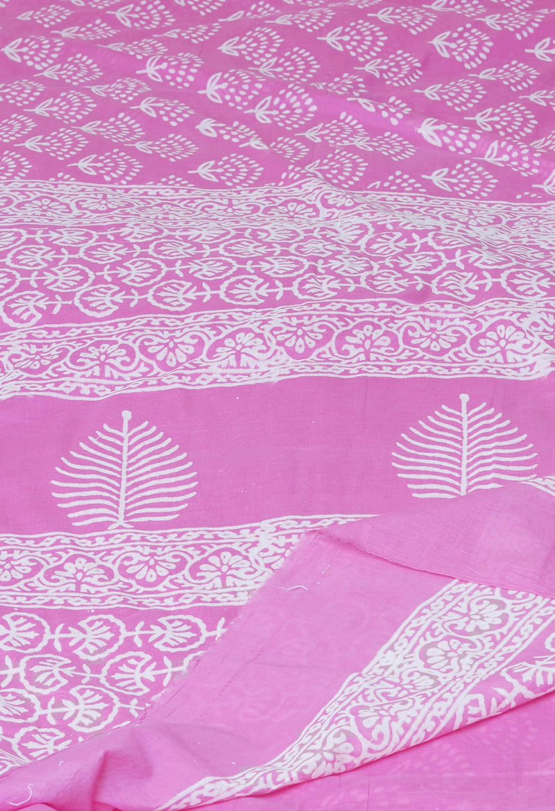 Baby Pink Pure  Hand Block Printed Discharge Superfine Mulmul Cotton Saree-UNM73930