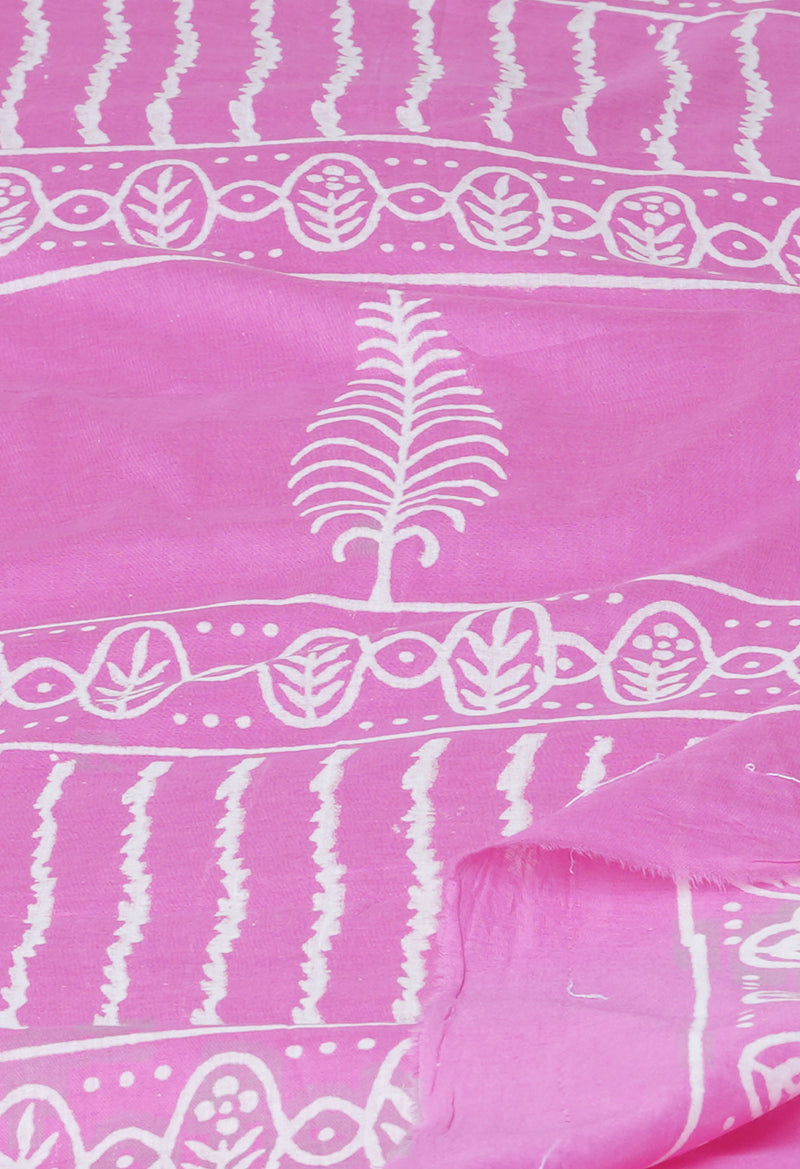 Baby Pink Pure  Hand Block Printed Discharge Superfine Mulmul Cotton Saree-UNM73934