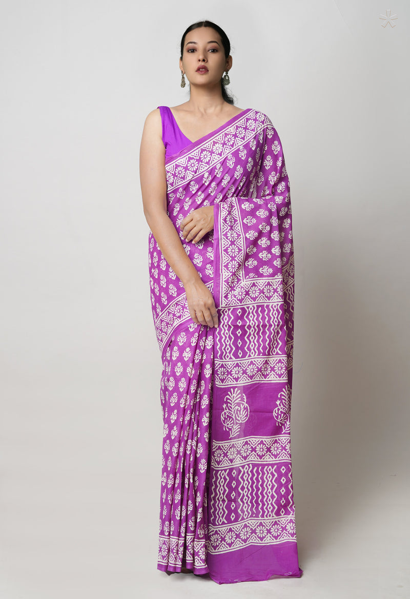 Purple Pure  Hand Block Printed Discharge Superfine Mulmul Cotton Saree-UNM73941
