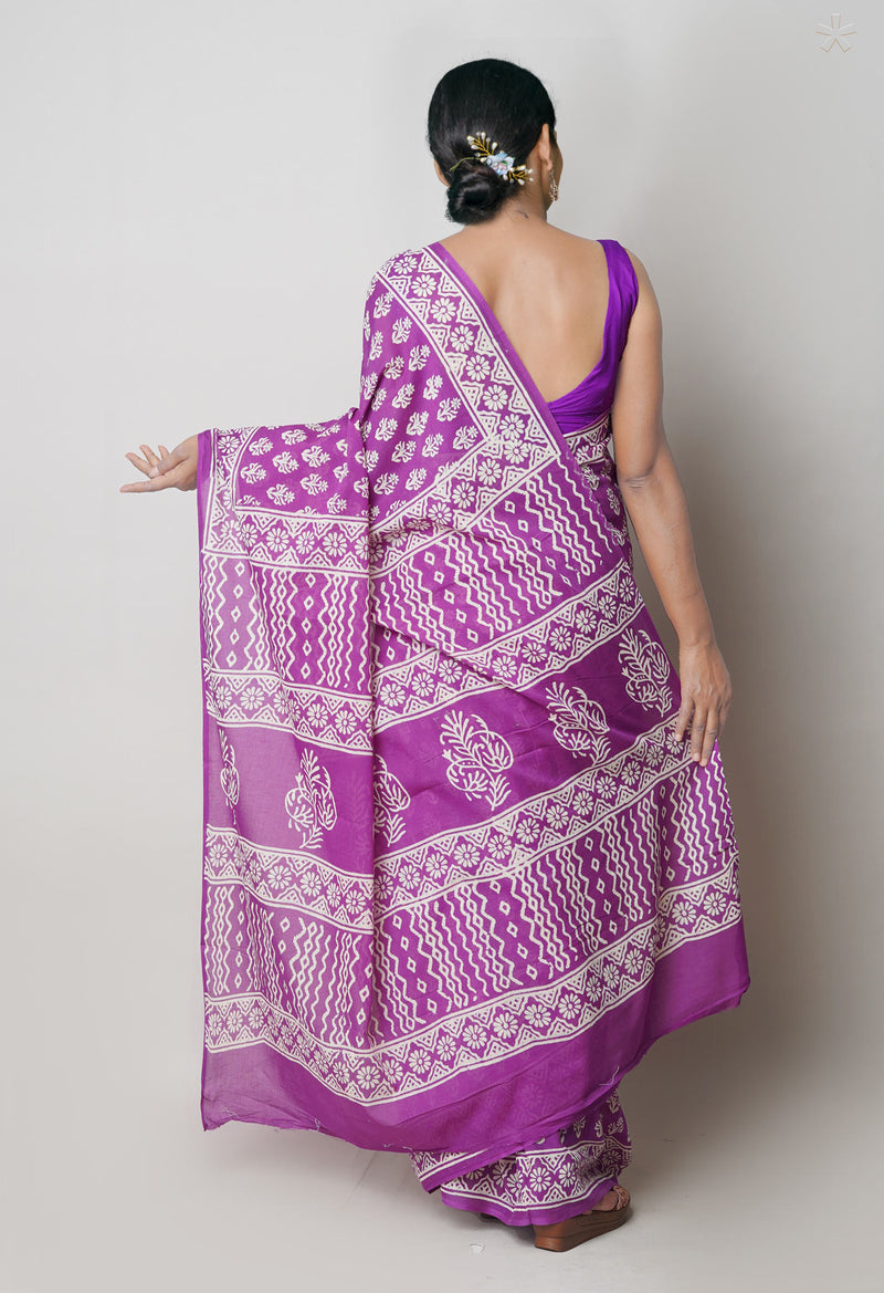 Purple Pure  Hand Block Printed Discharge Superfine Mulmul Cotton Saree-UNM73941