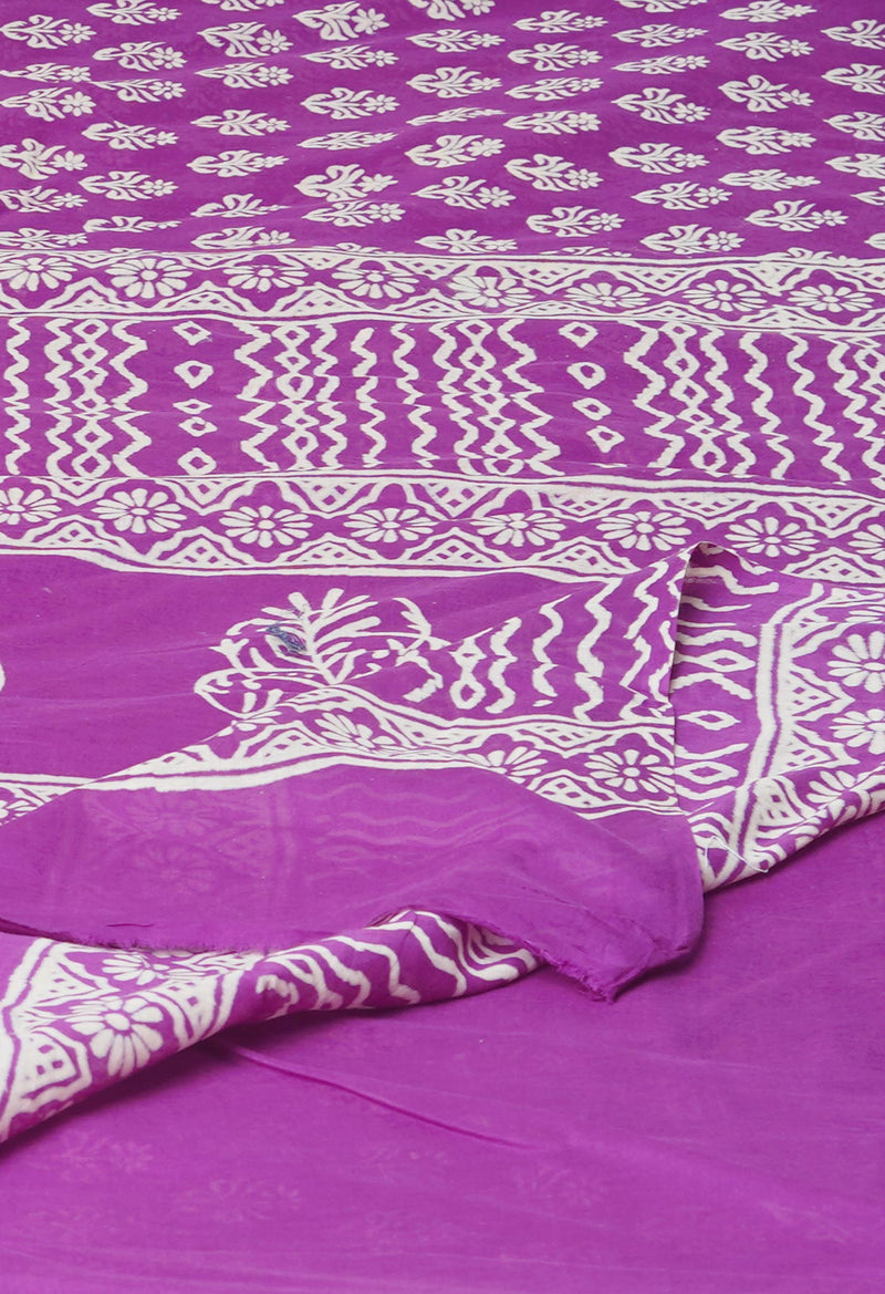 Purple Pure  Hand Block Printed Discharge Superfine Mulmul Cotton Saree-UNM73941