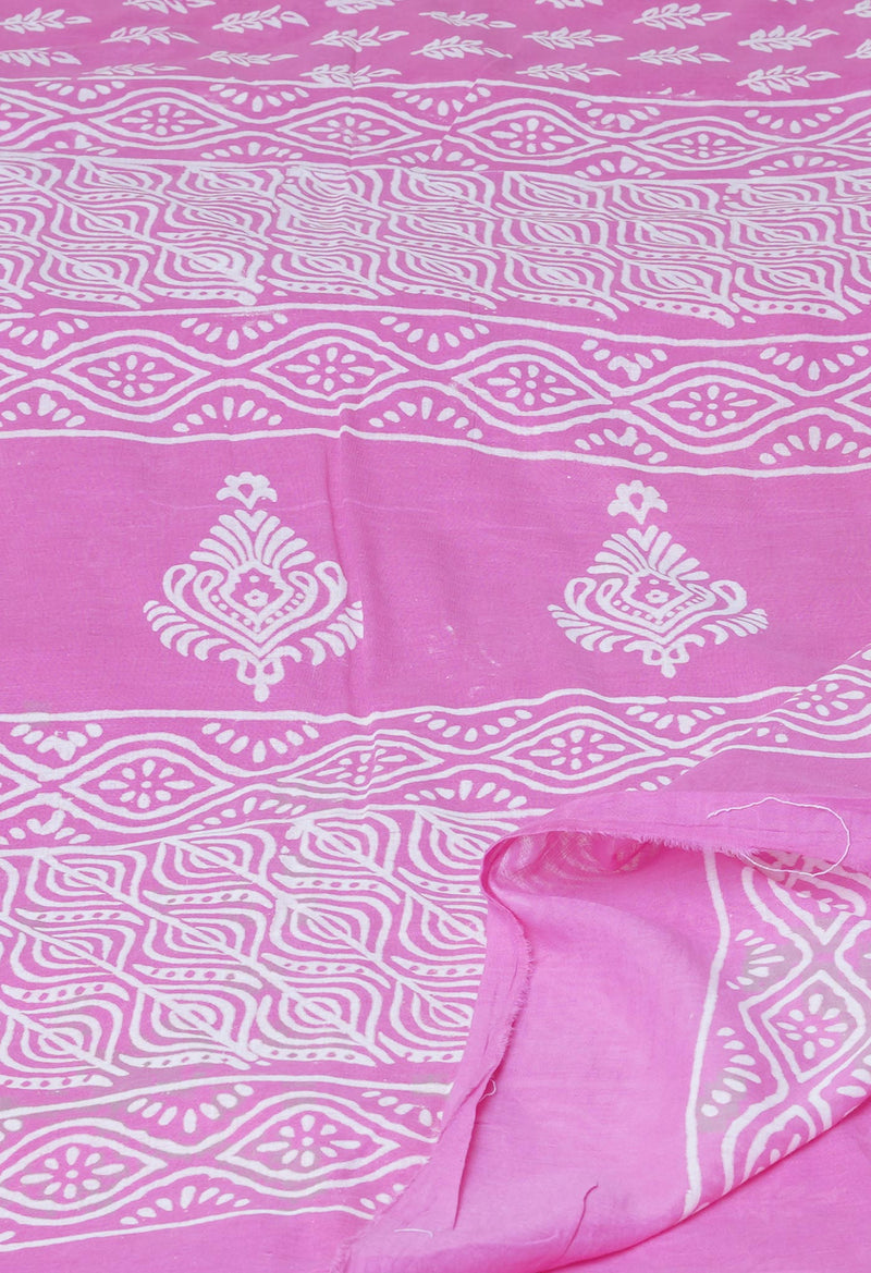 Baby Pink Pure  Hand Block Printed Discharge Superfine Mulmul Cotton Saree-UNM73943