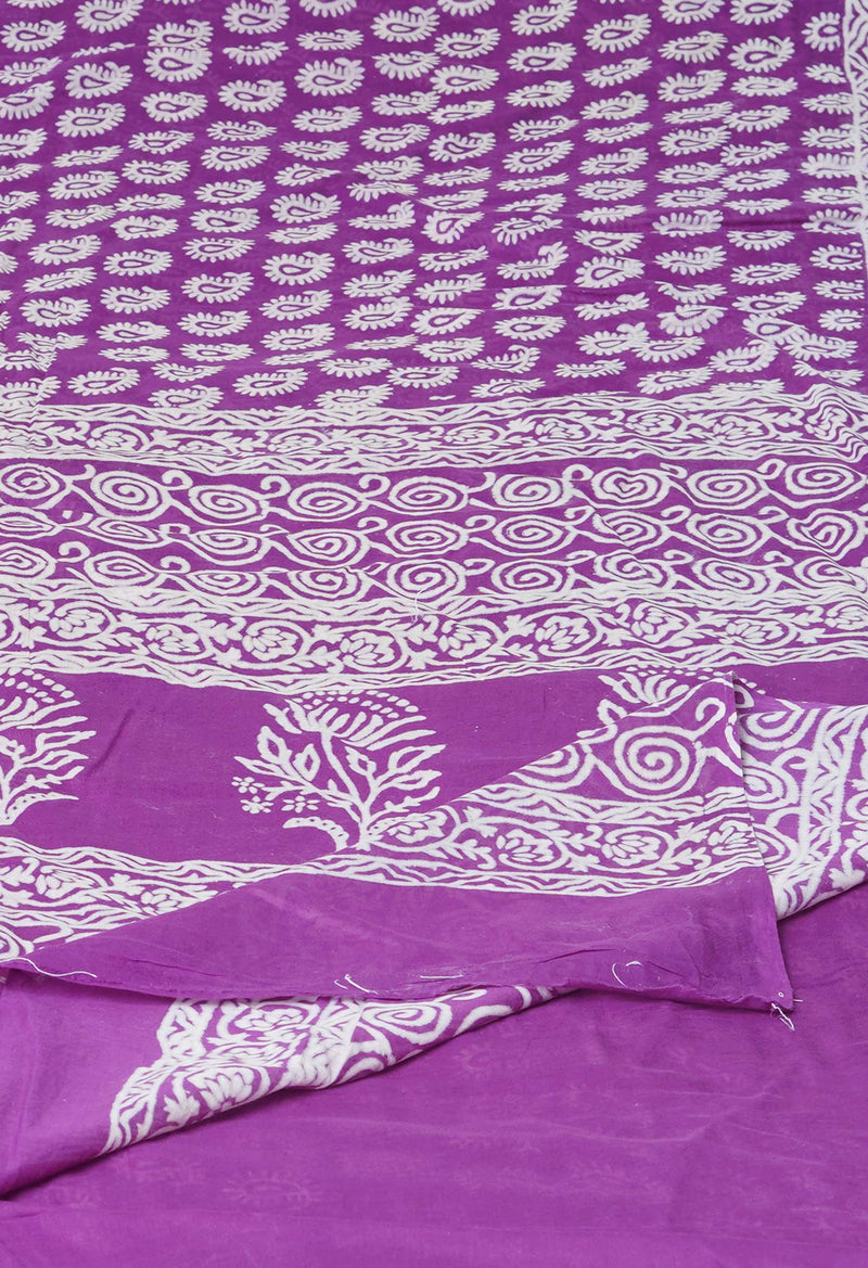 Purple Pure  Hand Block Printed Discharge Superfine Mulmul Cotton Saree-UNM73947
