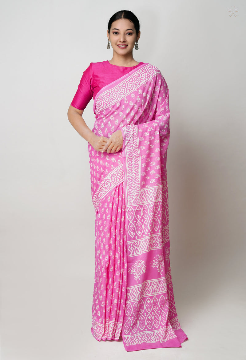 Baby Pink Pure  Hand Block Printed Discharge Superfine Mulmul Cotton Saree-UNM73963