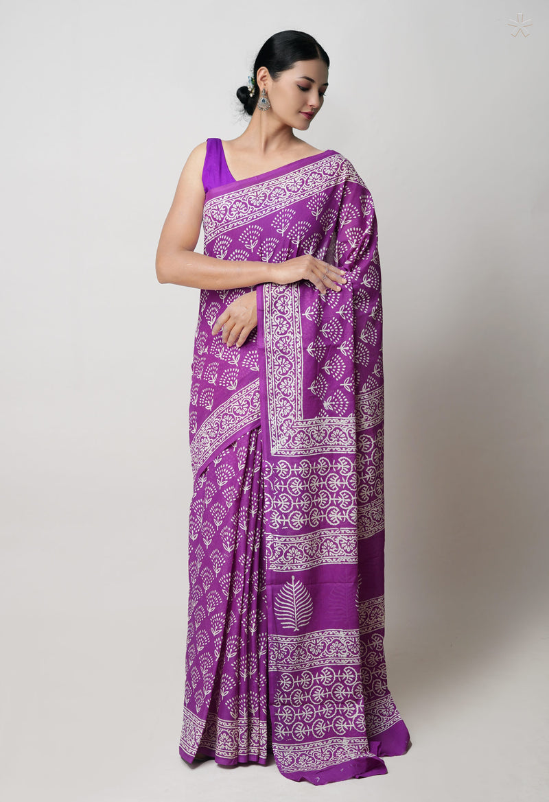 Purple Pure  Hand Block Printed Discharge Superfine Mulmul Cotton Saree-UNM73964