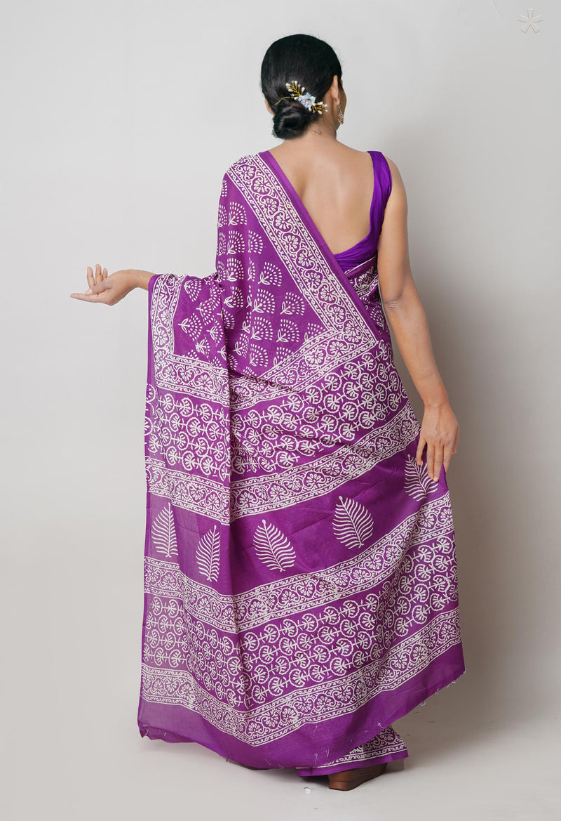 Purple Pure  Hand Block Printed Discharge Superfine Mulmul Cotton Saree-UNM73964