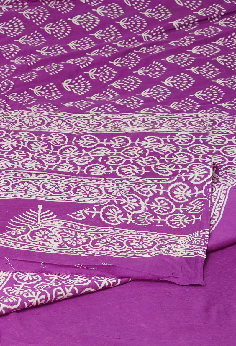 Purple Pure  Hand Block Printed Discharge Superfine Mulmul Cotton Saree-UNM73964