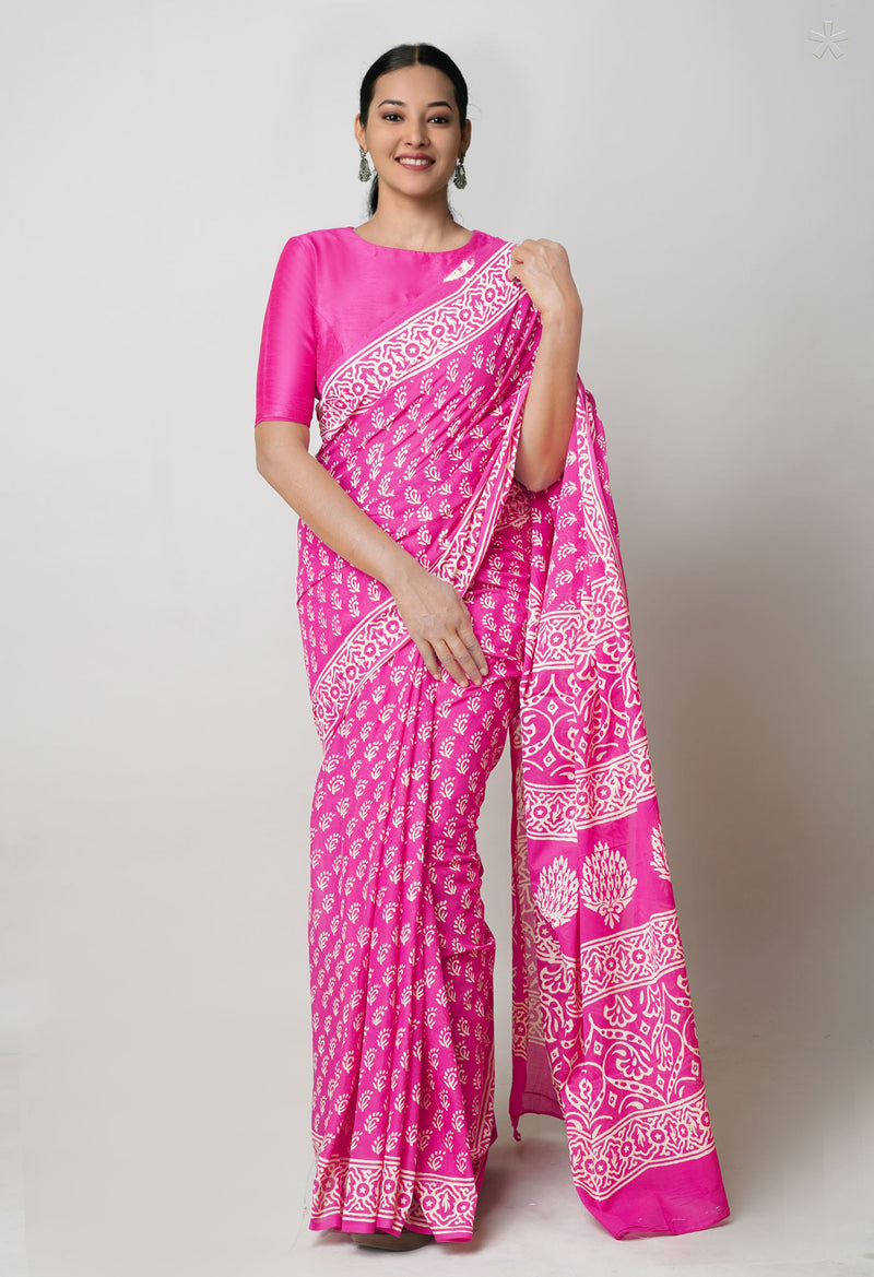 Pink Pure  Hand Block Printed Discharge Superfine Mulmul Cotton Saree-UNM73967