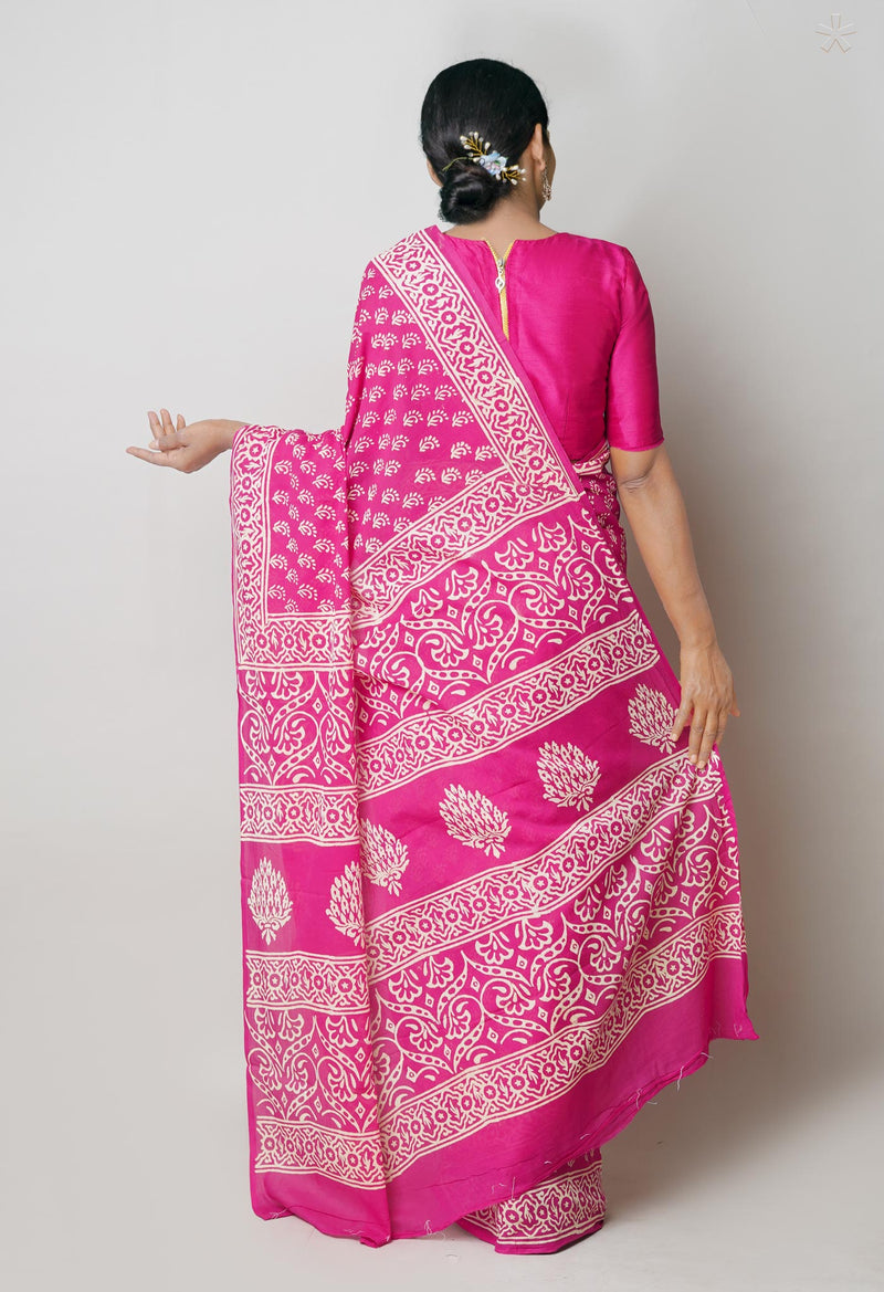 Pink Pure  Hand Block Printed Discharge Superfine Mulmul Cotton Saree-UNM73967
