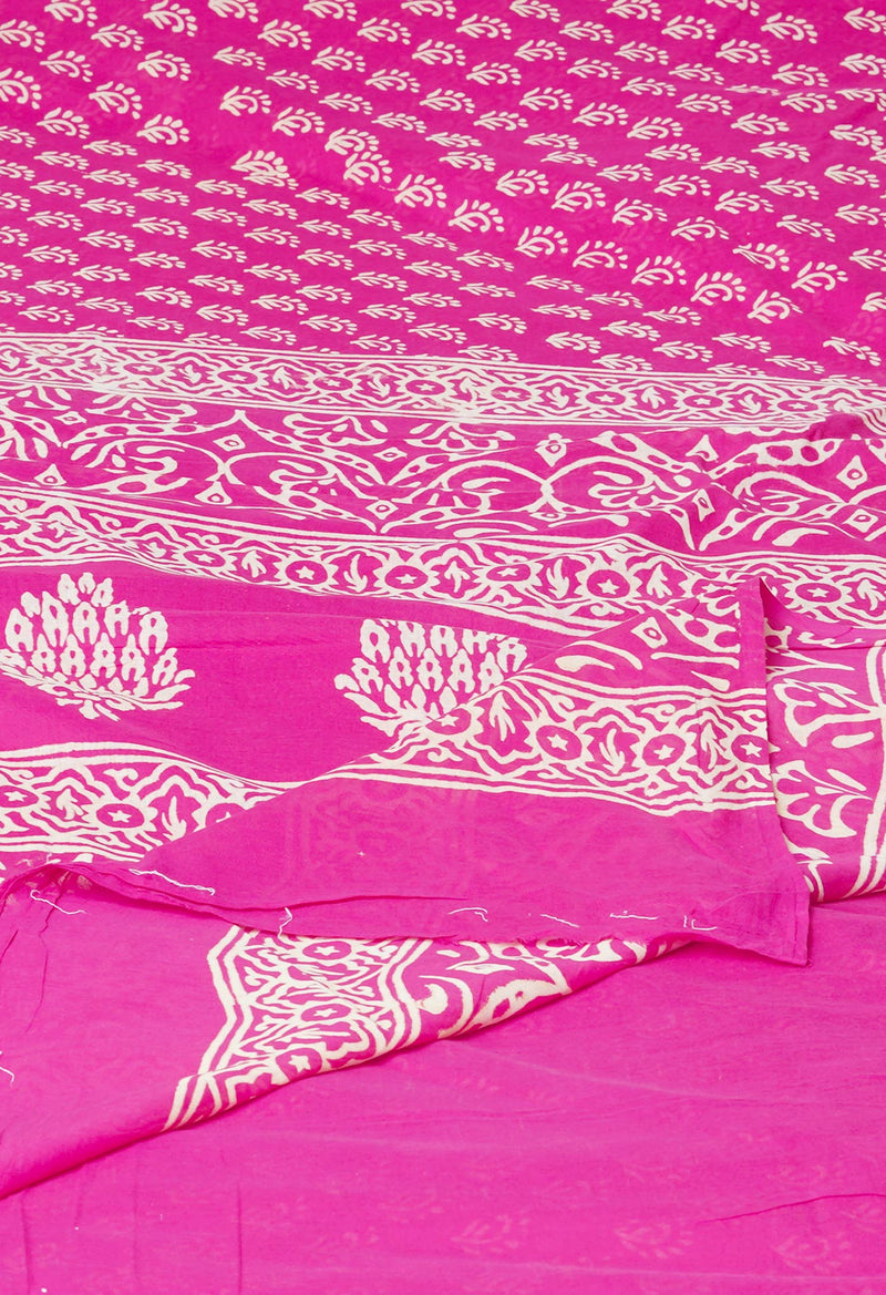 Pink Pure  Hand Block Printed Discharge Superfine Mulmul Cotton Saree-UNM73967