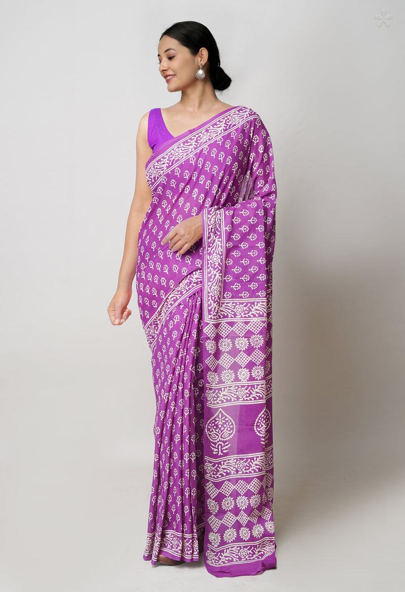 Purple Pure  Hand Block Printed Discharge Superfine Mulmul Cotton Saree-UNM73968